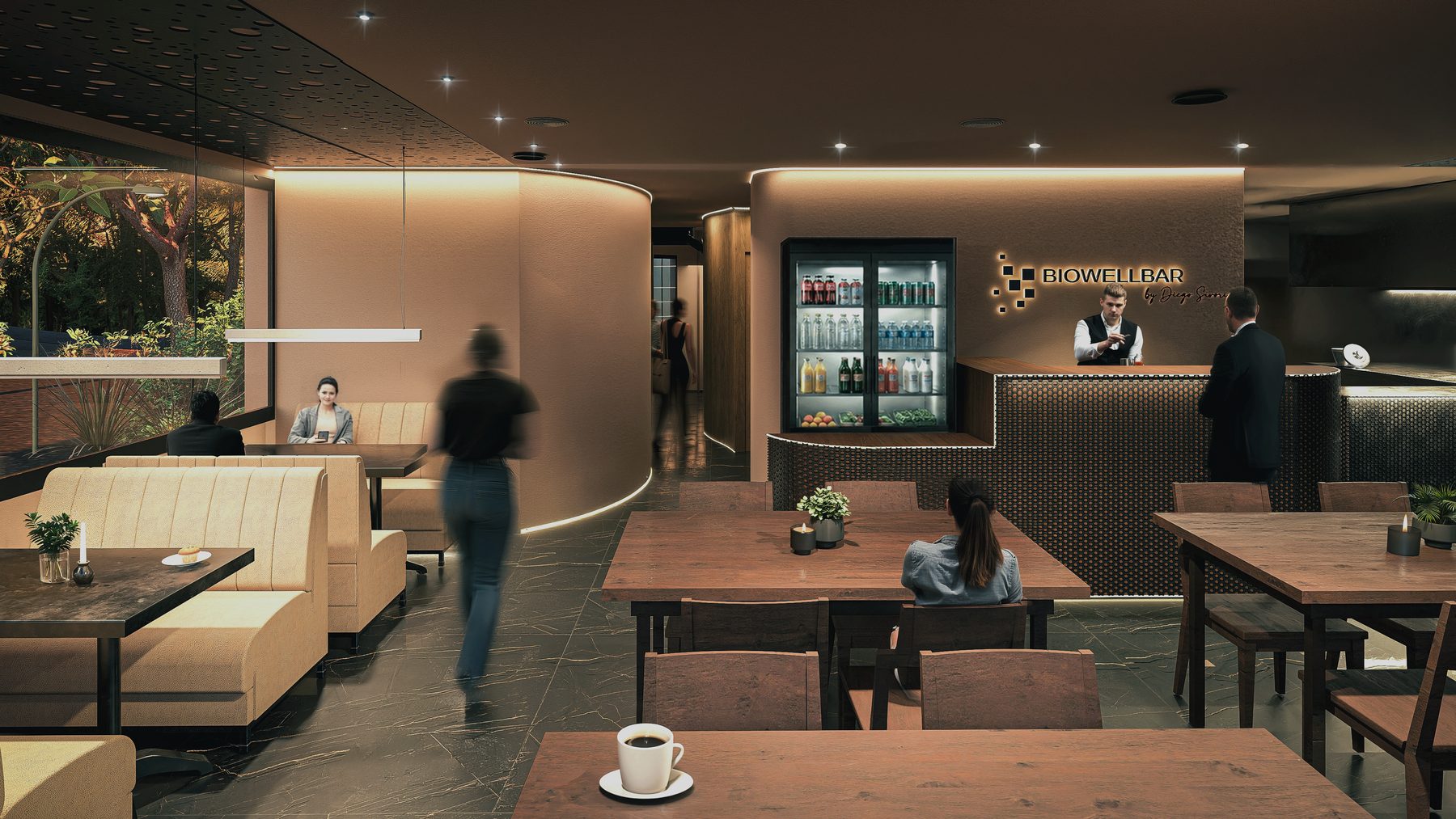Render del salón de Biowell Bar: mesas de madera, banquetas, ventanal al jardín, y al fondo la barra con el cartel BIOWELLBAR by Diego Sívori junto a una heladera exhibidora con jugos y frescos